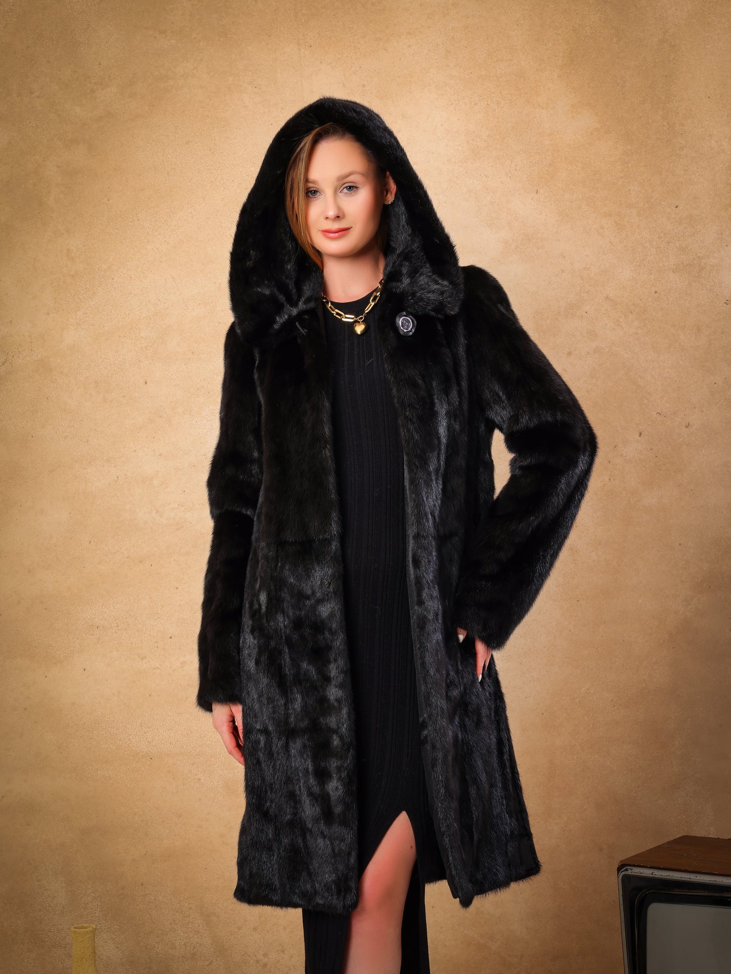Black Female Mink Fur Coat with Hood