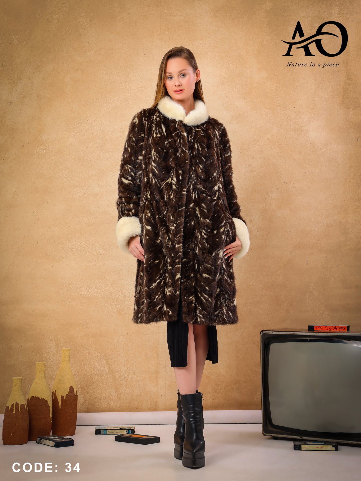 Brown & White Female Mink Fur Coat