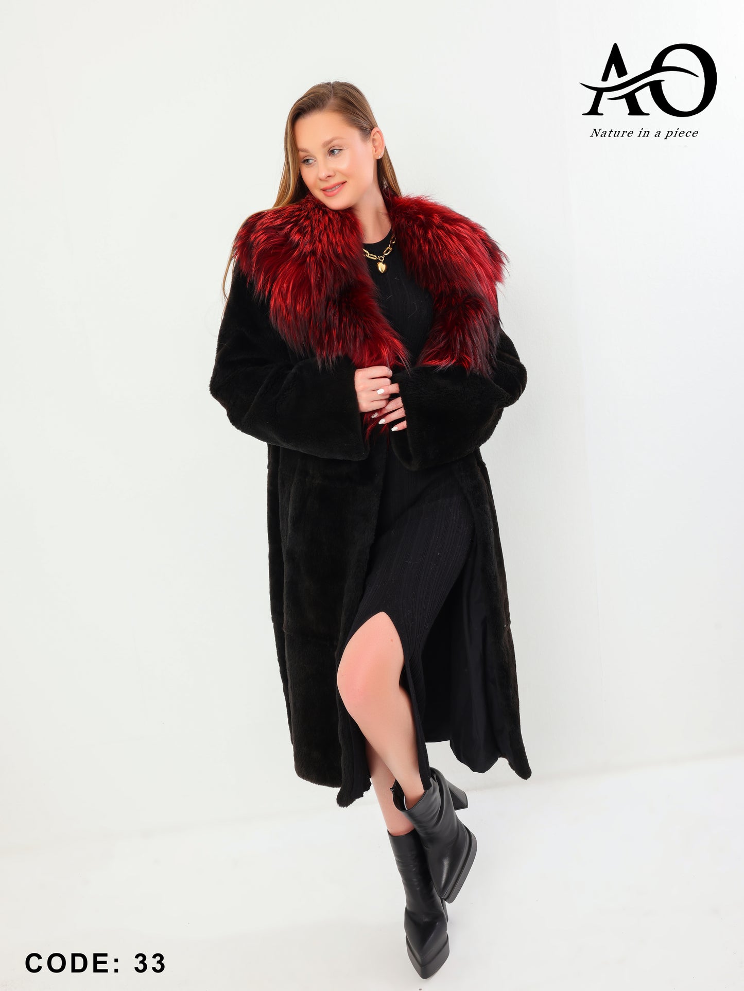 Black Shaved Mink Fur Coat with Red Fox Collar