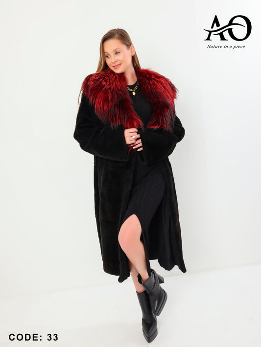 Black Shaved Mink Fur Coat with Red Fox Collar