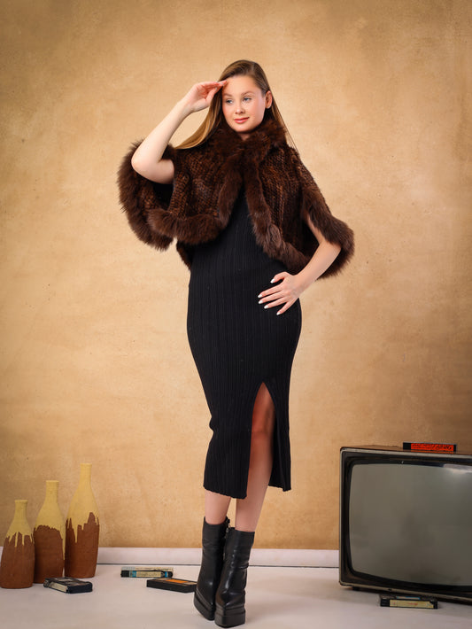 Brown knitted mink poncho