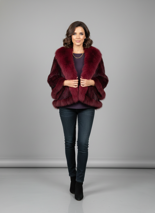 Burgundy knitted mink fur poncho