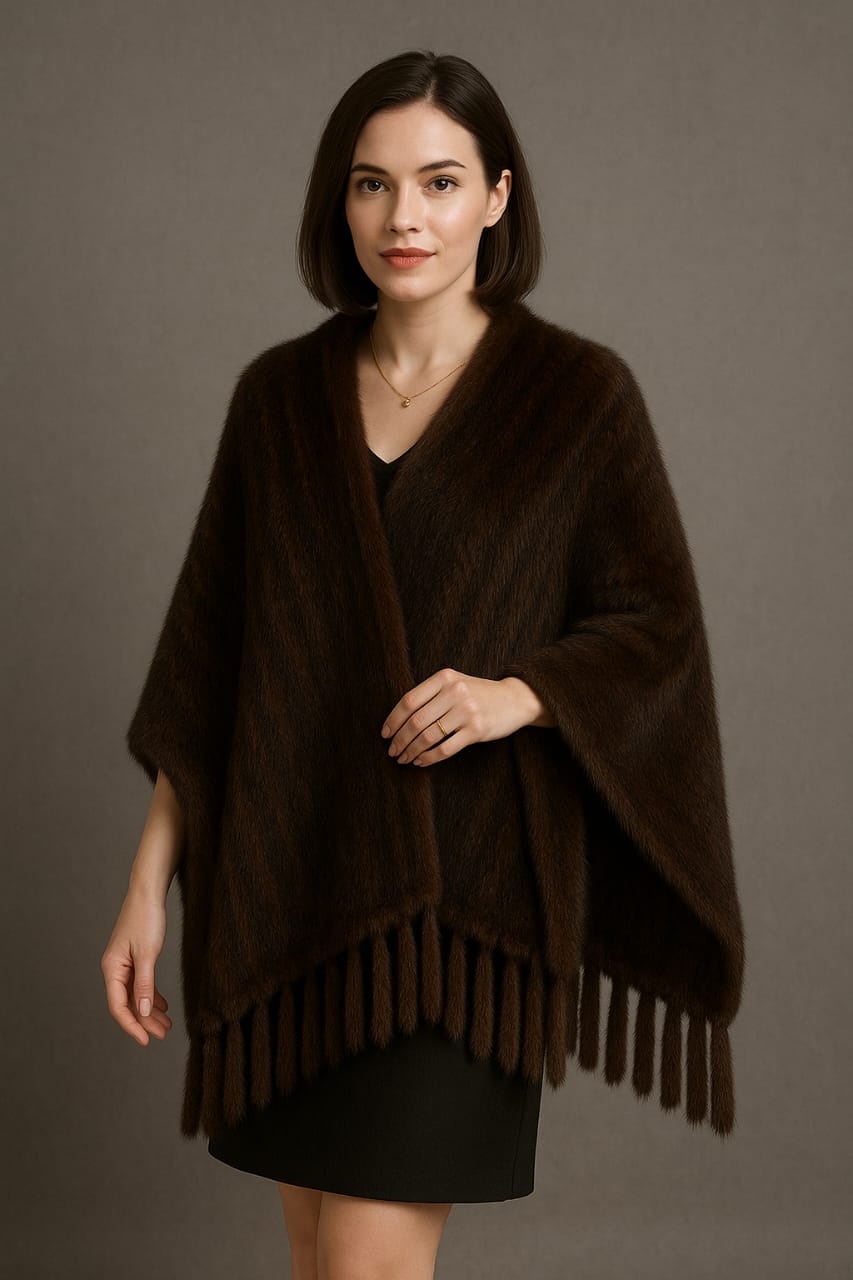 Brown knitted mink fur shawl